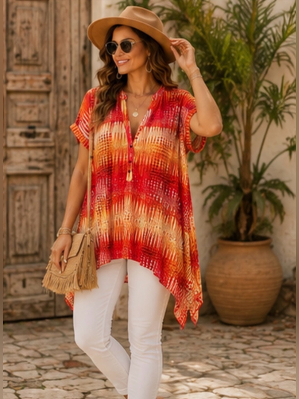 Cocomo Woman 1X Boho Shark Bite Hem Tunic Red Orange Abstract Print